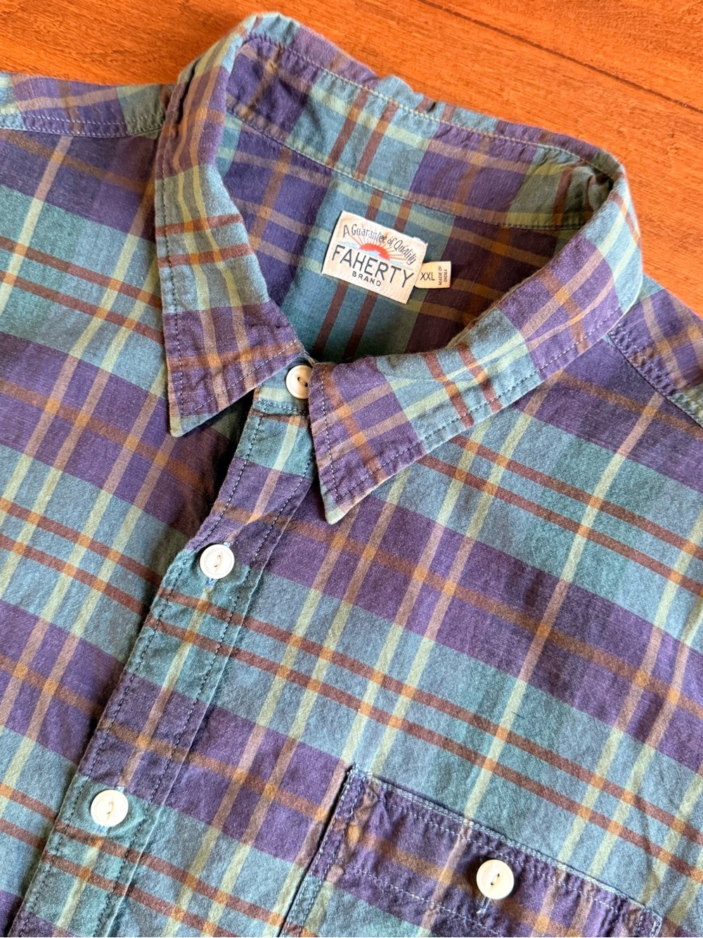 Faherty Flannel XXL Brushed Cotton Short Sleeve Green Purple Button-Up Pockets